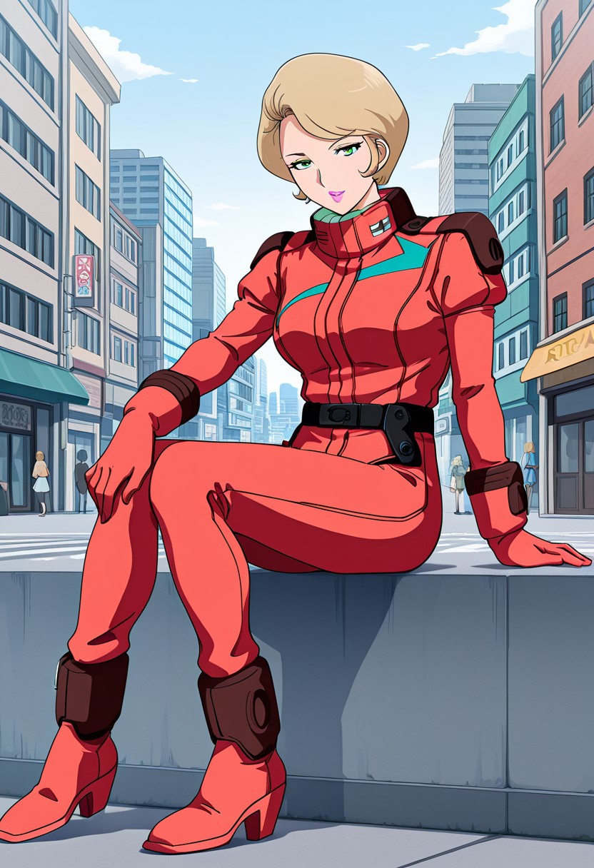 CG quality, masterpiece, best quality,amazing quality,city ,street,Rira,green eyes,pink lips, 1 mature female, short hair, blonde hair, pink lips, pilotsuit,gloves, pilotshoes,sitting