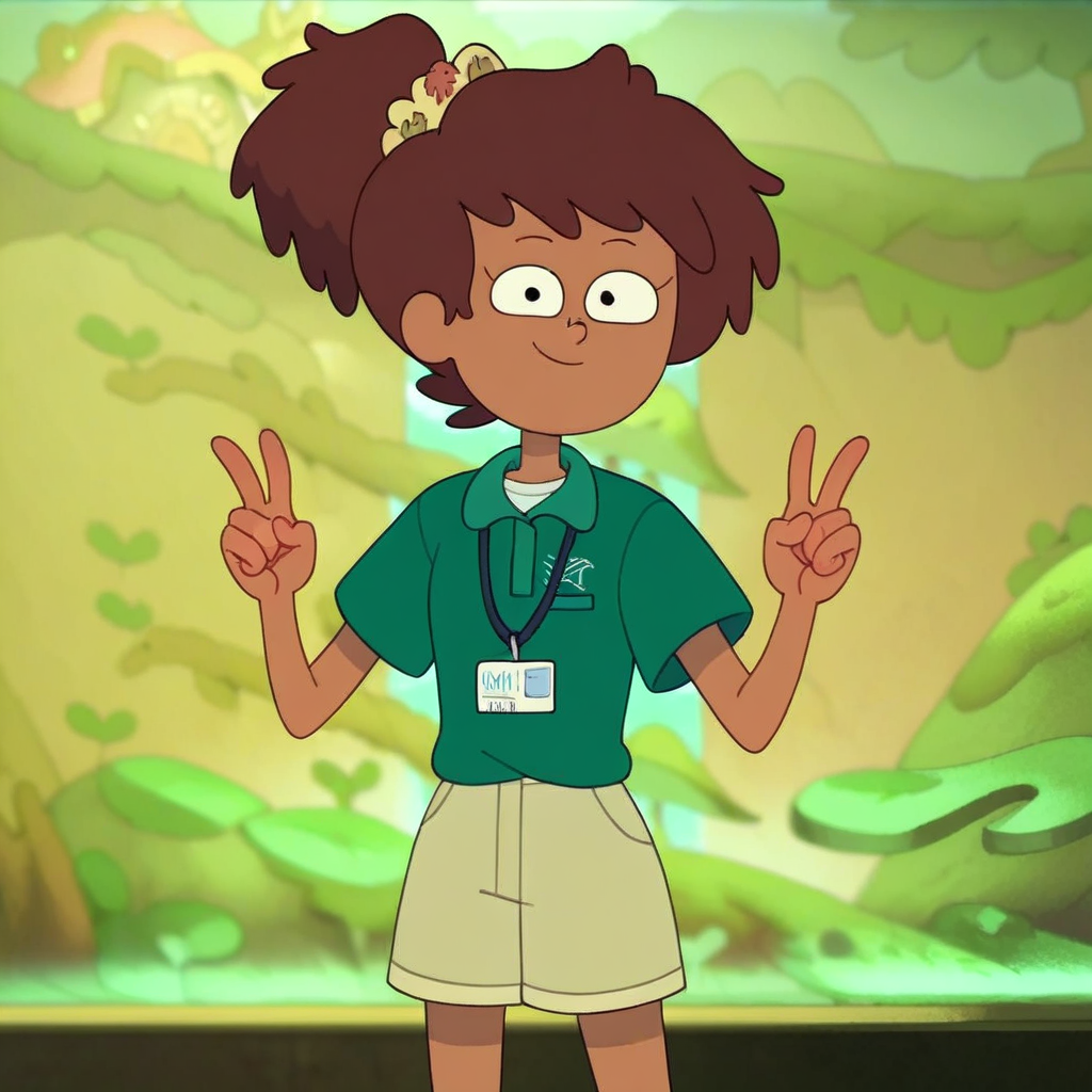 score_9, score_8_up, score_7_up, 1girl, Anne Boonchuy (Time Skip), Dark-skinned female, brown hair, green shirt, socks, lanyard, id tag, shorts, smile, looking at viewer, double v