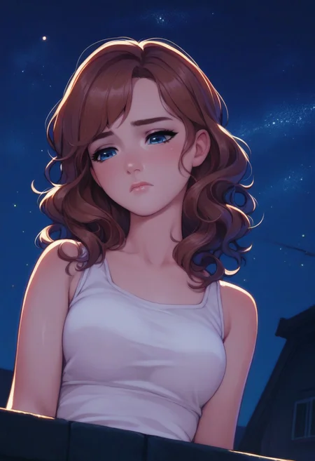(score_9, score_8_up, score_7_up), 1girl, wide blue eyes, long wavy hair, leaning on the parapet, sad expression, looks down, dramatic light, bottom angle, dark theme, night, starry sky, rooftop,