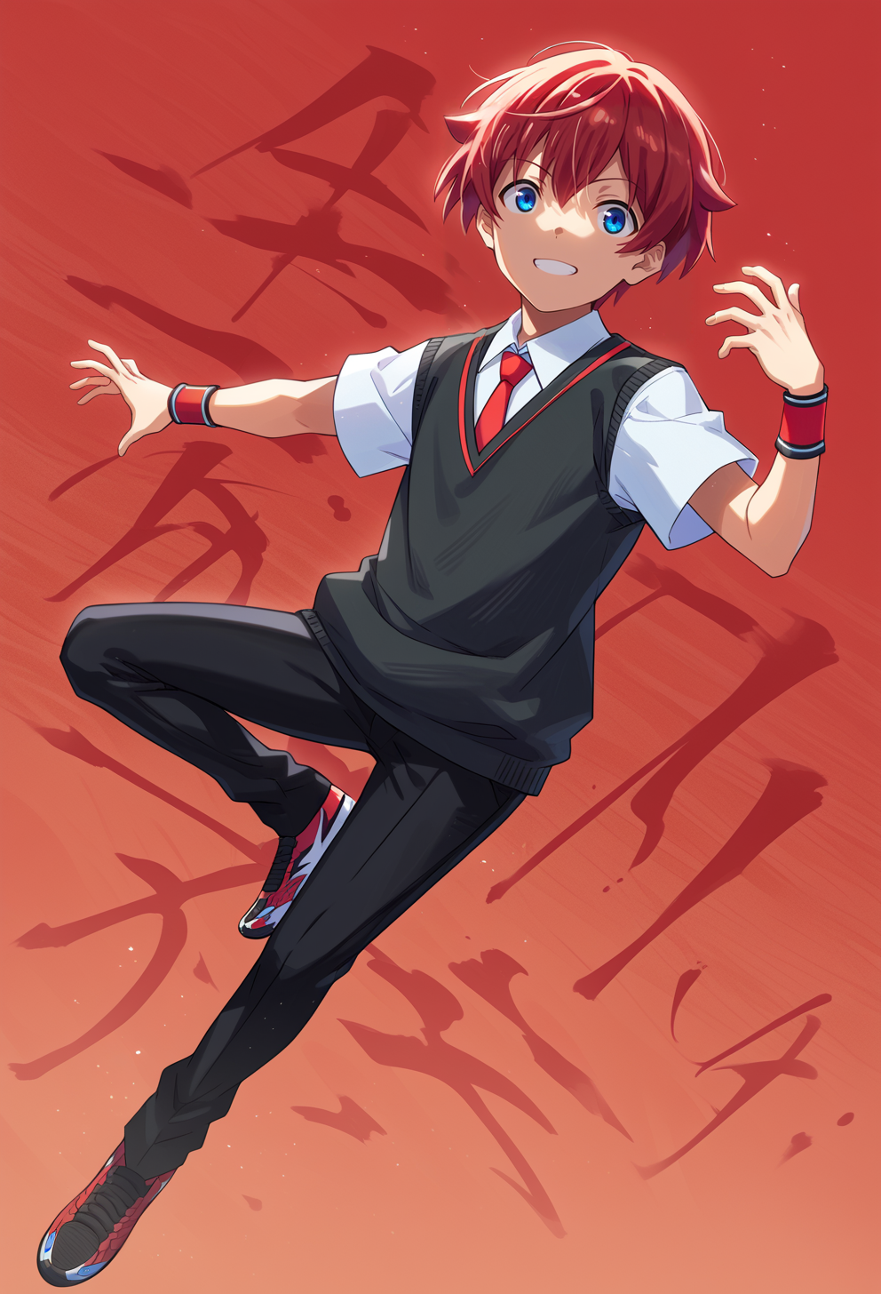 score_9, score_7_up, source_anime, BREAK  <lora:AEYuta:0.9> aeyuuta, blue eyes,red hair, short hair, collared shirt, red necktie, short sleeves, sweater vest, wristband, black pants, red footwear, sneakers, light smile, multicolored background, dynamic pose,