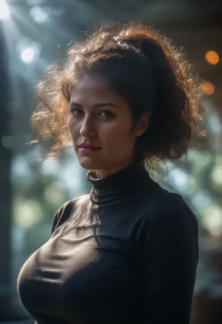 masterpiece, best quality, absurdres, photo, realistic, extremely detailed, real life photo, detailed background, 1woman, a self-portrait photograph of MyRosita2, standing still and confident after an overdeveloped super-growth spurt, wearing a tight old-rose turtleneck long sleeve shirt, the fabric visibly straining to contain her huge, wide-set breasts with natural sagging shape. Her long curly dark brown hair is tied in a high ponytail, with soft front bangs framing her flushed face.
The background is softly blurred (bokeh) with warm lights glowing in the dark, creating a dramatic, intimate contrast. Volumetric lighting softly defines her curves and skin texture. Her expression is neutral but subtly intense, aware of her own transformation. The tight shirt clings to every curve, enhancing the visual weight of her overdeveloped chest and the natural stretch of the fabric under pressure.
(score_9), (score_8_up), (score_7_up), (natural skin texture:1.3), (highly detailed skin:1.2), (strained fabric:1.4), (huge wide breasts:1.5), (realistic lighting:1.3), (soft bokeh background:1.2)
