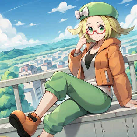 score_9, score_8_up, score_7_up, score_6_up, score_5_up, score_4_up, <lora:Bianca_Pokemon_BW2:1>, biancabw2,1girl, solo, blonde hair, beret, orange jacket, open jacket, white shirt, smile, glasses, outdoors, cityscape, white bow, hat bow, green hat, green pants, orange footwear, sitting, green eyes, breasts,