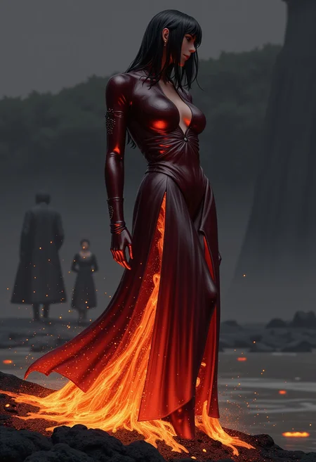 guweiz, artistic photography portrait half body female godlike concubine with perfect body wearing a dress made out of liquid lava and glowing ash, mysterious atmosphere,dull side light,cinematic masterwork