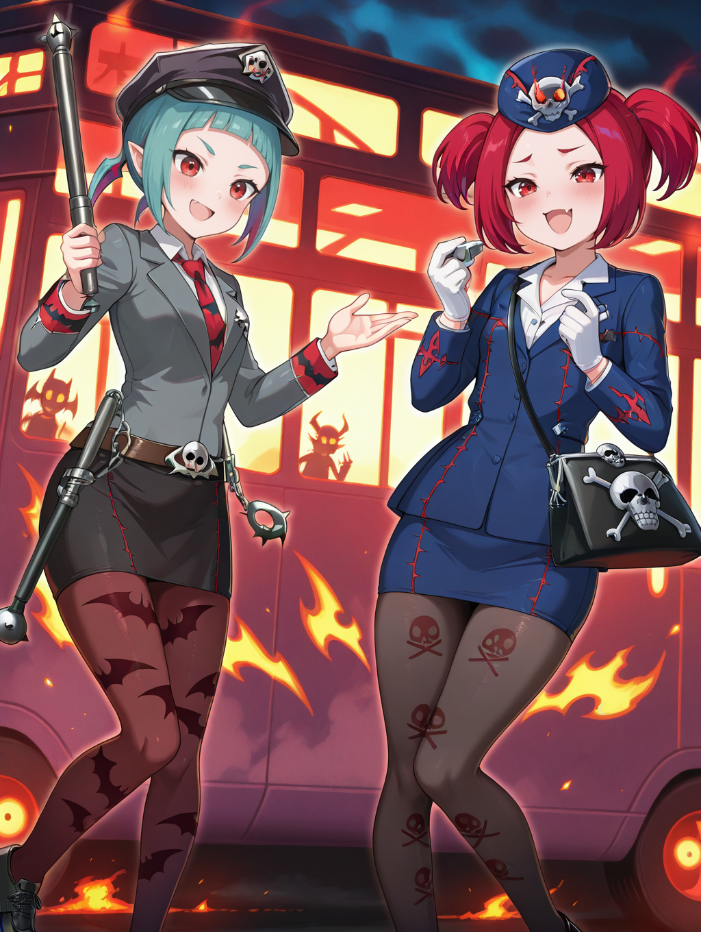 (2girls:1.4),fang,open mouth,blush,smile,bus,hell,
BREAK beat cop from the underworld,holding baton \(weapon\),baton \(weapon\),police uniform,black police hat,grey jacket,collared shirt,black pencil skirt,skull belt,bat print pantyhose,black footwear,
BREAK tour guide from the underworld,handbag,blue headwear,blue jacket,white gloves,white shirt,blue pencil skirt,handcuffs,skull print pantyhose,whistle,holding whistle,black footwear,black footwear,
masterpiece,best quality,amazing quality,very aesthetic,absurdres,newest,<lora:tour guide, beat cop, muckraker from the underworld EX illuXL v1:0.84>,