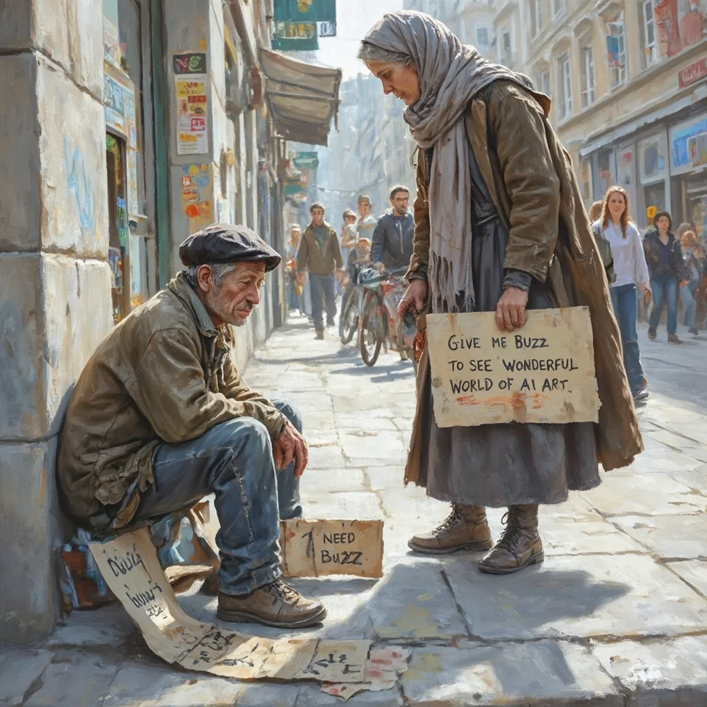 A detailed, painting style scene of a beggar man sitting on a city street corner, wearing tattered clothing. a worn sign is on the floor that says 'I need buzz'. Beside him, a kind and wise woman stands with new clean sign board she's prepared to give to the man saying 'Give me Buzz to see Wonderful World of AI Art'. The angle is a three-quarters perspective, medium shot, highlighting her act of kindness and creativity. In the background, people walk by. The style emphasizes the expressions and surroundings with intricate details brushwork and vibrant colors.