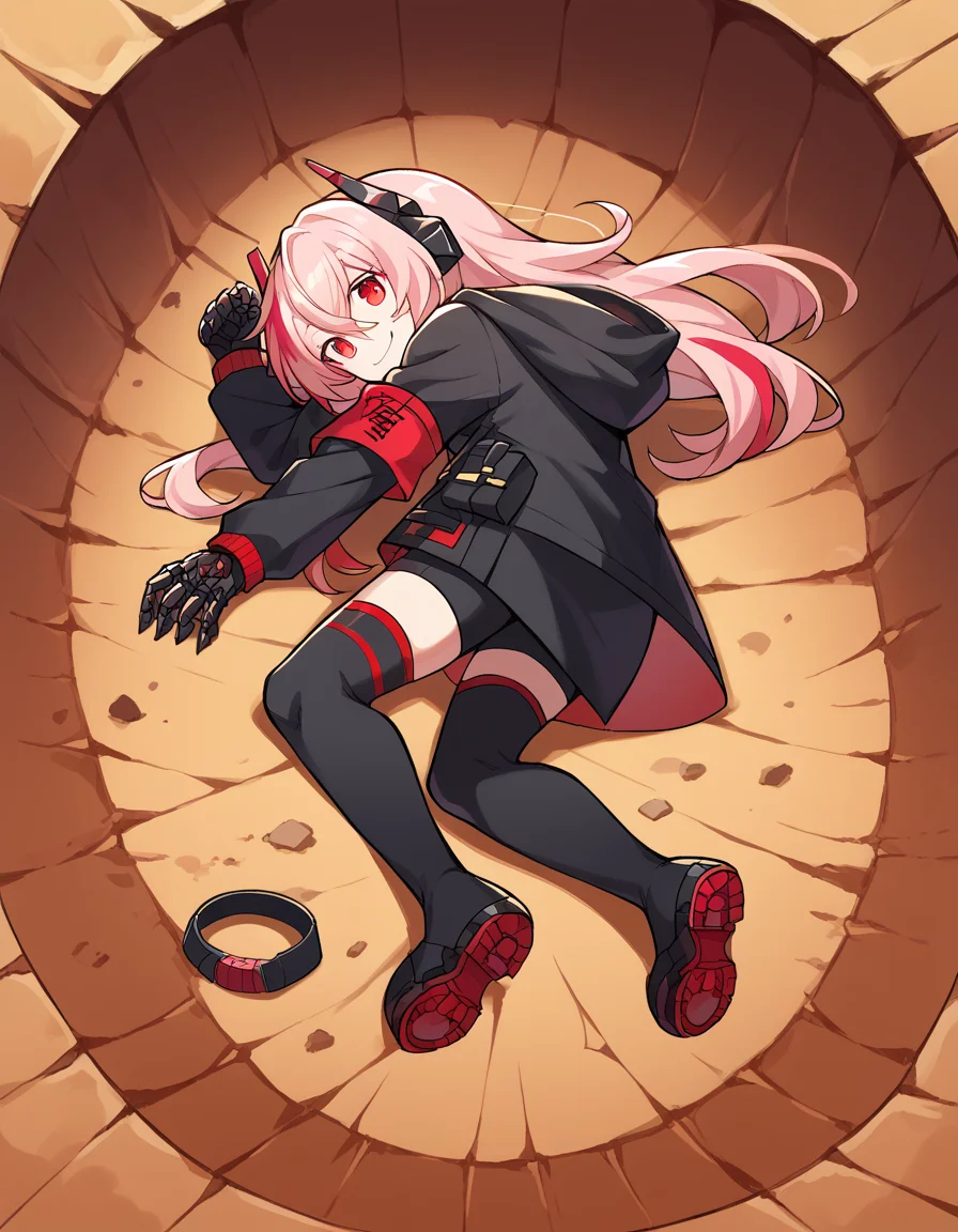score_9, score_8_up, score_7_up, source_anime, <lora:girlsfrontline-m4-sopmod-ii-ponyxl-lora-nochekaiser:1>, m4 sopmod ii, hair between eyes, red eyes, pink hair, streaked hair, red hair, sidelocks, long hair, multicolored hair, two-tone hair,, armband, black gloves, black jacket, black scarf, black thighhighs, gloves, hair ornament, headgear, headphones, holster, hood, hooded jacket, jacket, mechanical hands, red armband, scarf, thighhighs, track jacket,, museum, exhibits, art, history, visitors, smile, <lora:yamcha-pose-ponyxl-lora-nochekaiser:1> yamcha pose, yamcha pose (meme), crater, meme, on side, defeat, lying, on ground, on floor,, looking at viewer, solo,, dutch angle, cowboy shot