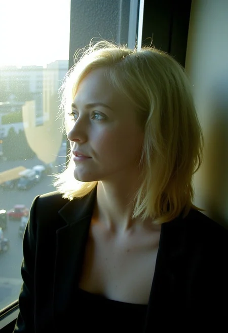 olympusd450, This is a high-resolution photograph capturing a young woman with light skin and shoulder-length, slightly wavy blonde hair. The image is taken in a side profile, with the woman gazing off into the distance, her expression contemplative. She has a slim build and is wearing a dark blazer over a black top. The lighting is dramatic, with strong sunlight streaming in from the right, casting deep shadows and highlighting the texture of her skin and the details of her facial features. Her eyes are a striking light blue, and she has a natural, subtle makeup look with a touch of mascara and a hint of pink on her lips.
The background shows a cityscape, with blurred buildings and a street visible through a glass window, suggesting an urban setting. The glass reflects the sunlight, creating a pattern of light and shadow that adds depth to the image. The overall mood is introspective and somewhat melancholic, enhanced by the soft focus on the background and the sharp, almost three-dimensional quality of the subject's face. The photograph captures a moment of quiet reflection, with the woman's profile and the play of light and shadow creating a visually striking and emotionally evocative image.
