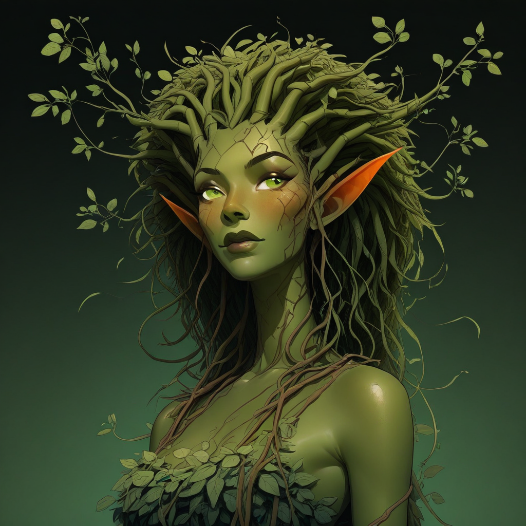 masterpiece, best quality, newest, absurdres, highres, FG-V2.0 FG-V2.0-Dryad, dryad, 1girl, green skin, green colored skin, plant girl, plant,