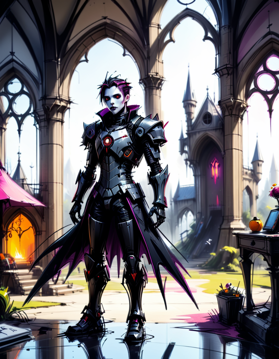 doodle, croquis, bright gothic cyborg in a whimsical environment at morning,