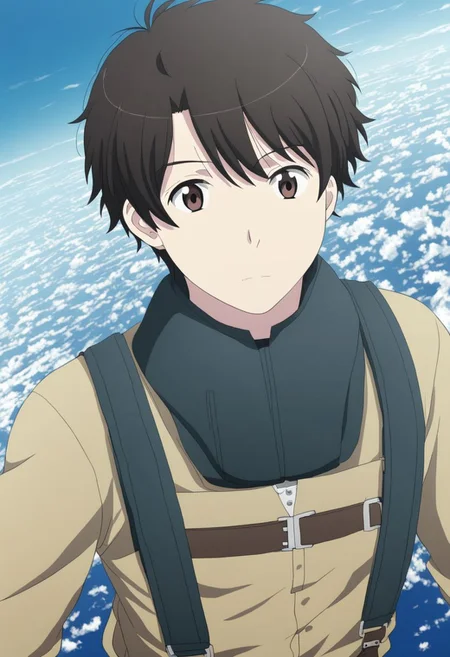 high resolution, solo, best quality, 1Boy, Inaho Kaizuka, Black Hair, Brown Eyes, free fall, sky , OverallDetail