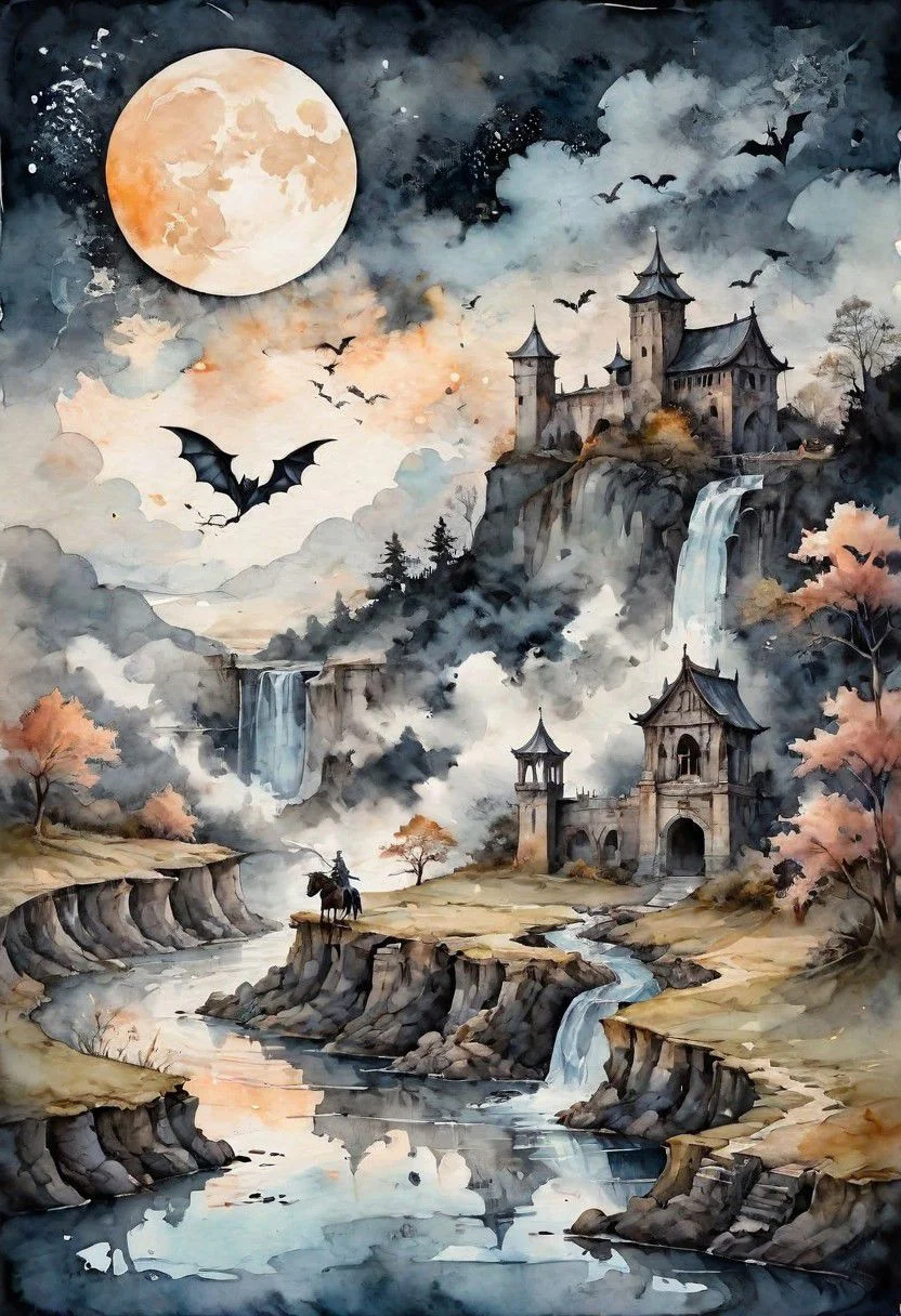 peach momoko style ink illustration, on parchment, ink splashes, ink stains, ink smears, faded ink, castle in ruins, bats in the distance, knight riding horse, moon, waterfall, river, in the clouds, fractals, night, gloomy tones, linquivera