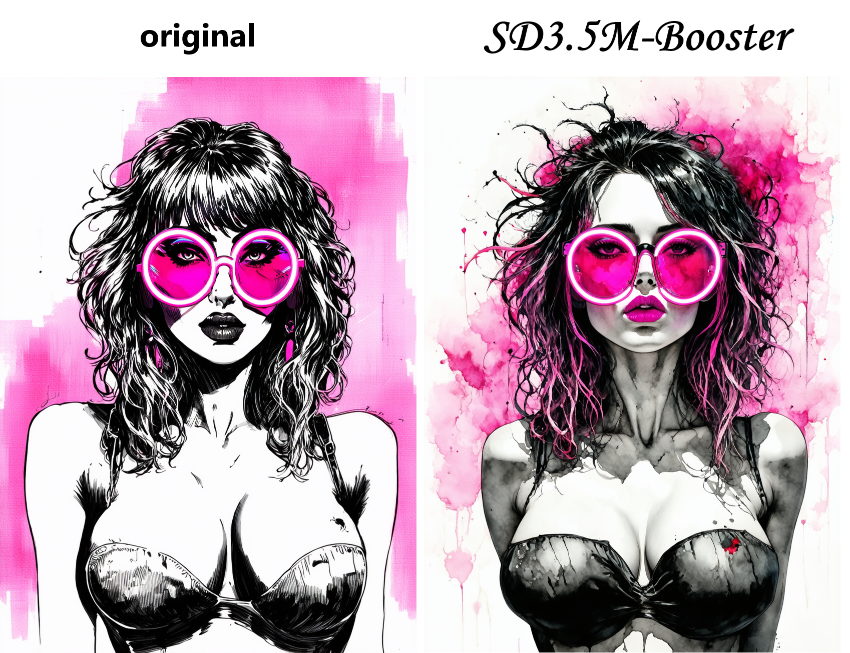 sexy woman with big breasts and neon pink glasses, punk style, detailed ink painting, minimalist