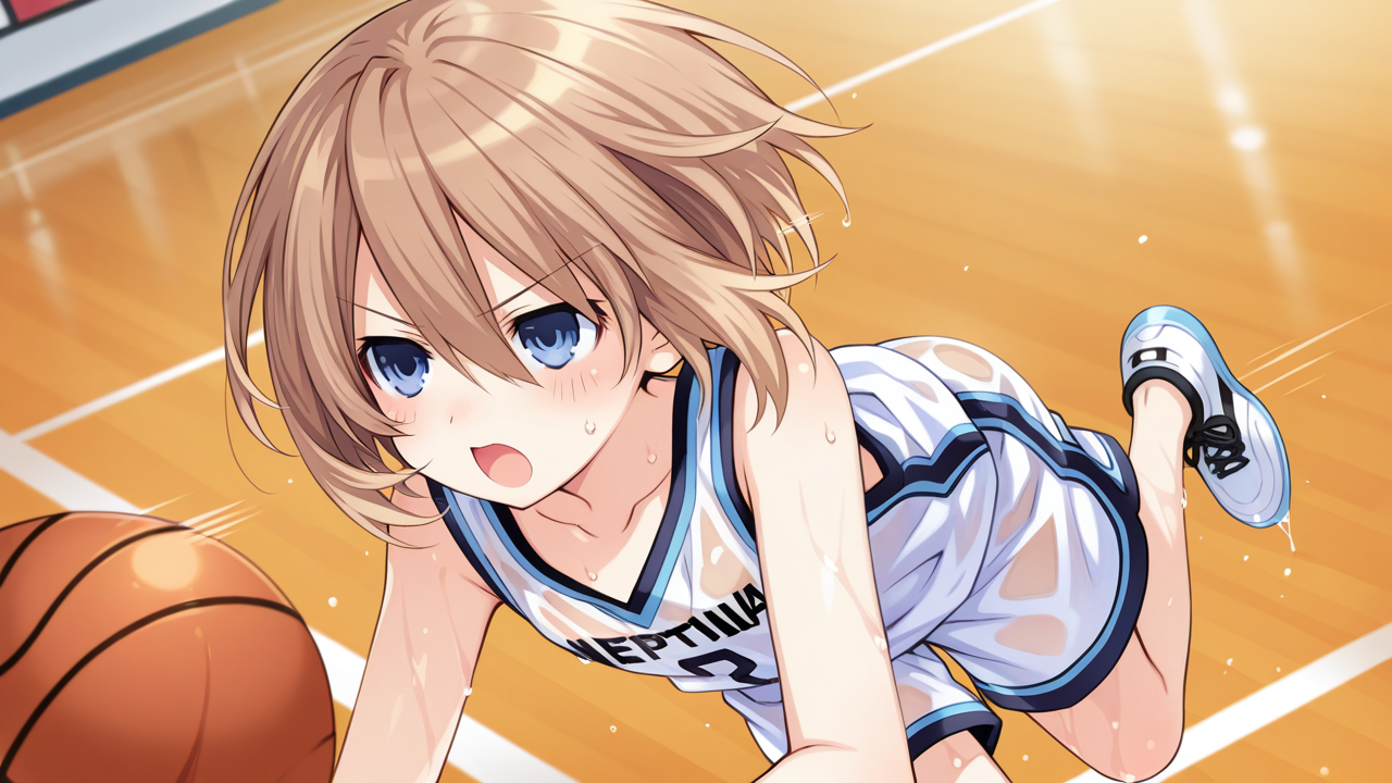 masterpiece, best quality, amazing quality, very aesthetic, absurdres, newest, anime screencap, <lora:blancILM:1>, blanc (neptunia), blue eyes, blush, flat chest, brown hair, short hair, tsunako,, see-through, basketball, basketball uniform, basketball (object), basketball shorts, ball, sportswear, dribbling (basketball), sweat, wet, sweatdrop, fast action, basketball court, open mouth, running, looking away, dribbling, speed lines, dynamic pose,