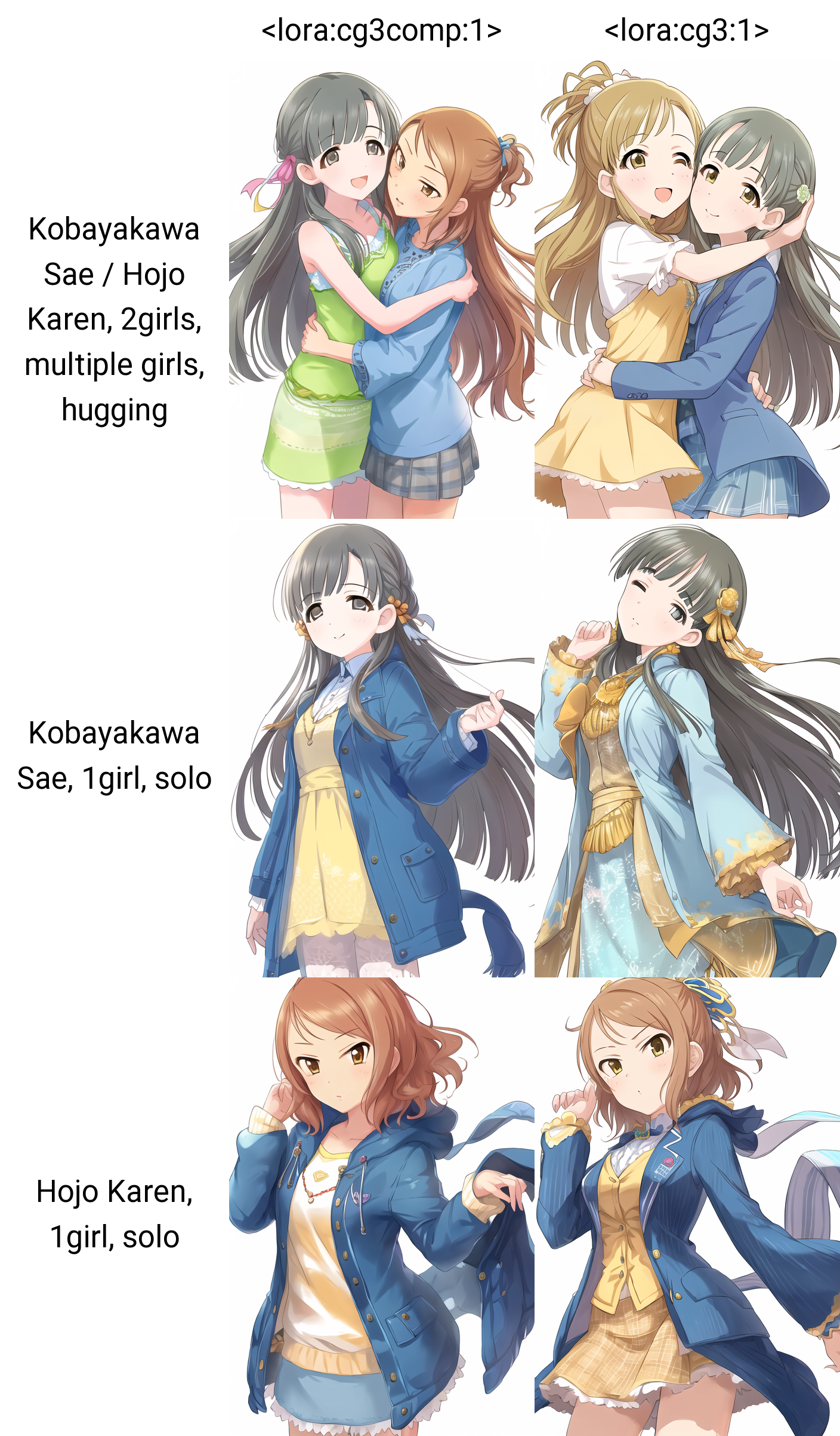 Kobayakawa Sae / Hojo Karen, 2girls, multiple girls, hugging, white background, simple background
 <lora:cg3comp:1>