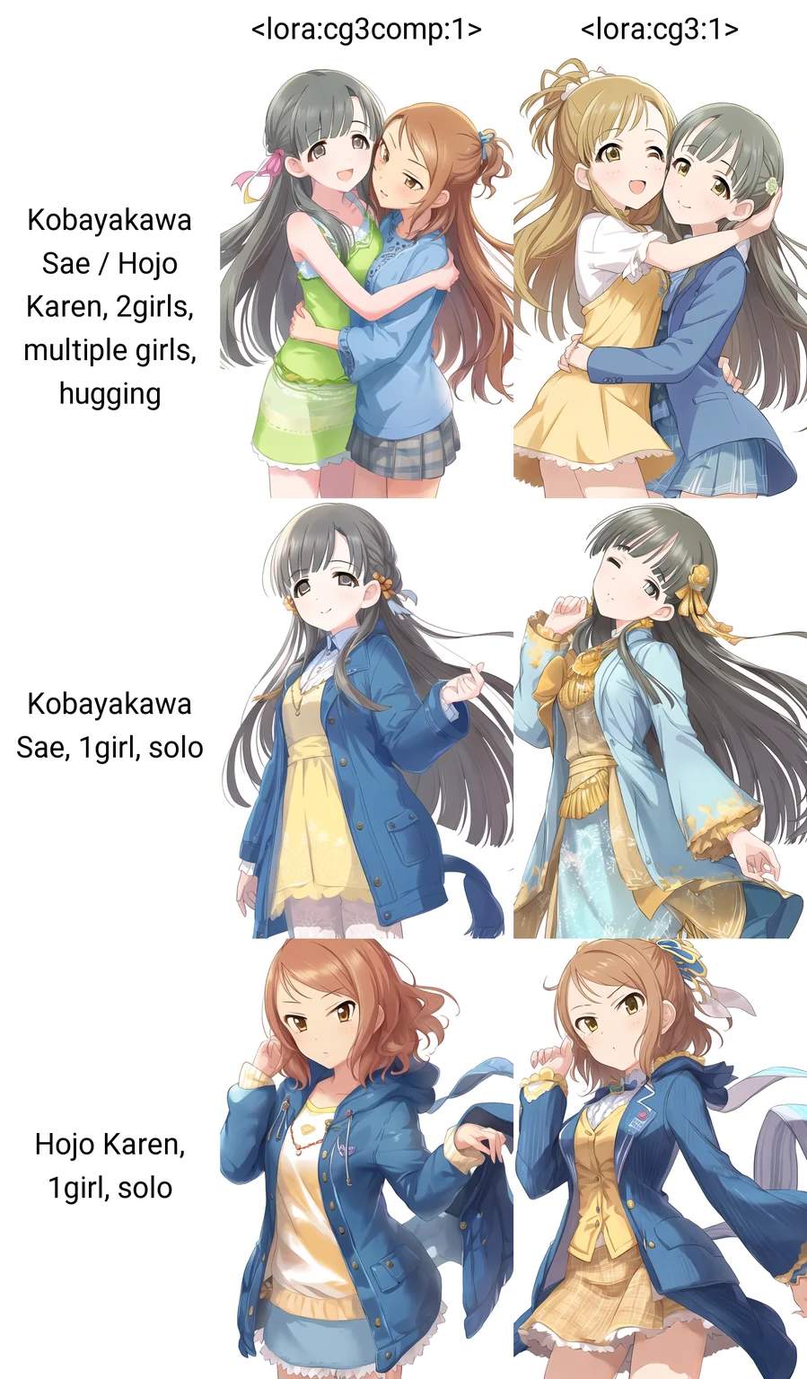 Kobayakawa Sae / Hojo Karen, 2girls, multiple girls, hugging, white background, simple background
<lora:cg3comp:1>