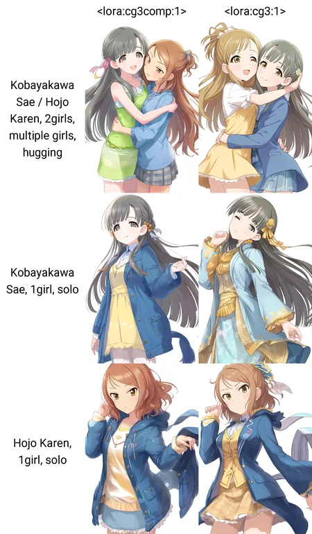 Kobayakawa Sae / Hojo Karen, 2girls, multiple girls, hugging, white background, simple background
<lora:cg3comp:1>