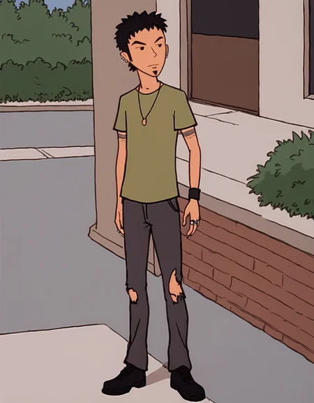 score_9, score_8_up, score_7_up, highly detailed, solo
BREAK <lora:Trent_Lane_Daria_-_Pony:0.8>, trentlane, male, black hair, black eyes, facial hair, multiple earrings, green shirt, necklace, wristband, multiple rings, black pants, torn pants, black shoes, upper body, outdoors