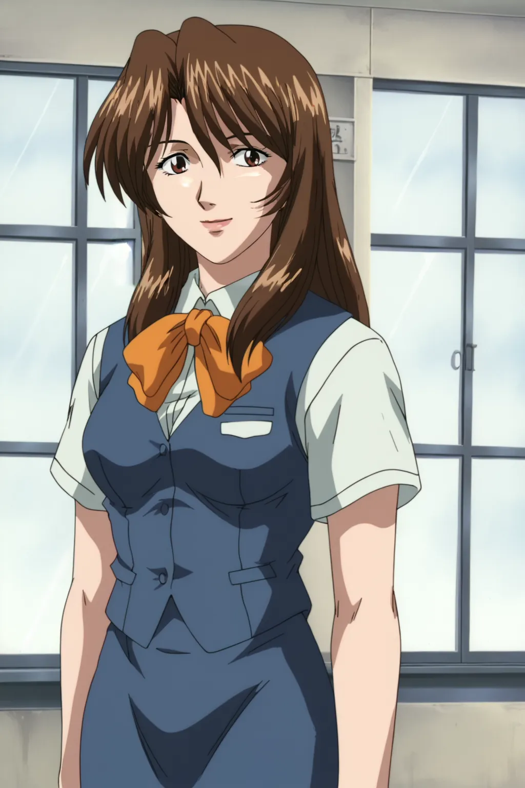 score_9, best, masterpiece, uncensored,
indoors,
1girl, solo, 1990s (style), retro artstyle, official style, smile,
ShinjinTourConductorRina,
VestGuideOutfit, short sleeves, navy vest over short-sleeved white shirt, navy pencil skirt, orange neck ribbon,
<lora:ShinjinTourConductorRina_V4:0.8>​​​