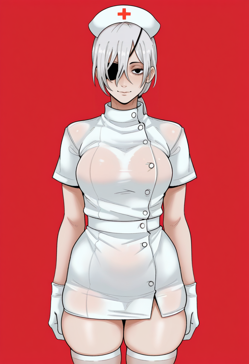 masterpiece, best quality, <lora:sunnysundown:1> s0nn1s0nd0wn,, 1girl, solo,
Straight-on
looking at viewer, light smile,
quanxi \(chainsaw man\), eyepatch, white hair,
nurse cap, nurse, miniskirt, gloves, skindentation, see-through clothes, 
simple background, Red  background,