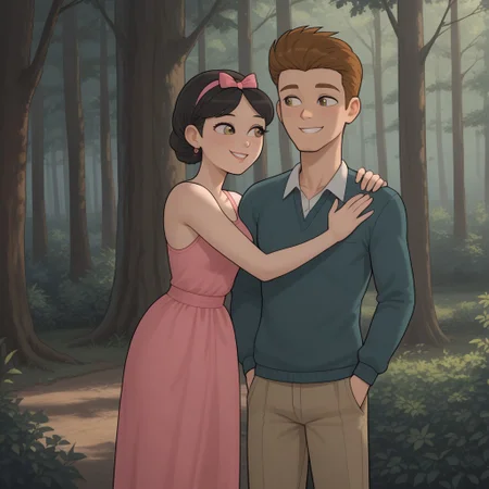 masterpiece, best quality, score_9, break. Ella_X_Topher, (1boy, Topher, Brown hair), break, (1girl, Ella, Black hair, hair bow), hug, forest, natural lighting