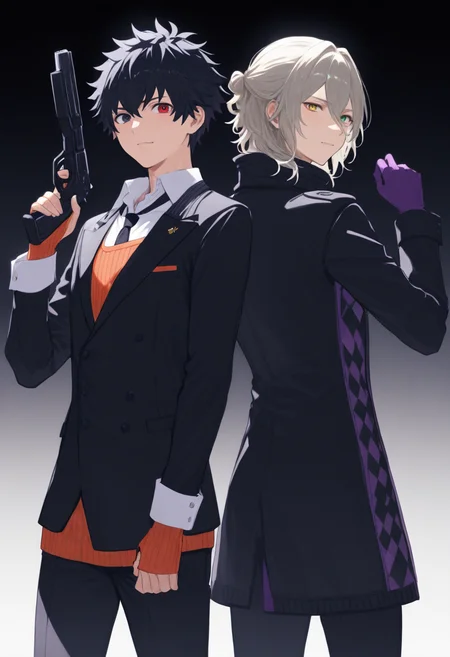 <lora:Kaname_Kuruto>,2boys,male focus,multiple boys,holding gun,back-to-back BREAK ryuki kuruto,black eyes,red eyes,heterochromia,orange fingerless gloves,orange ribbed sweater,black necktie,white collared shirt,black suit BREAK date kaname,heterochromia,yellow eyes,green eyes,gloves,purple gloves,standing,smile,black coat,black pants,closed mouth,looking at viewer,pants,buttons,arm up,cowboy shot,masterpiece,high score,great score,absurdres,
