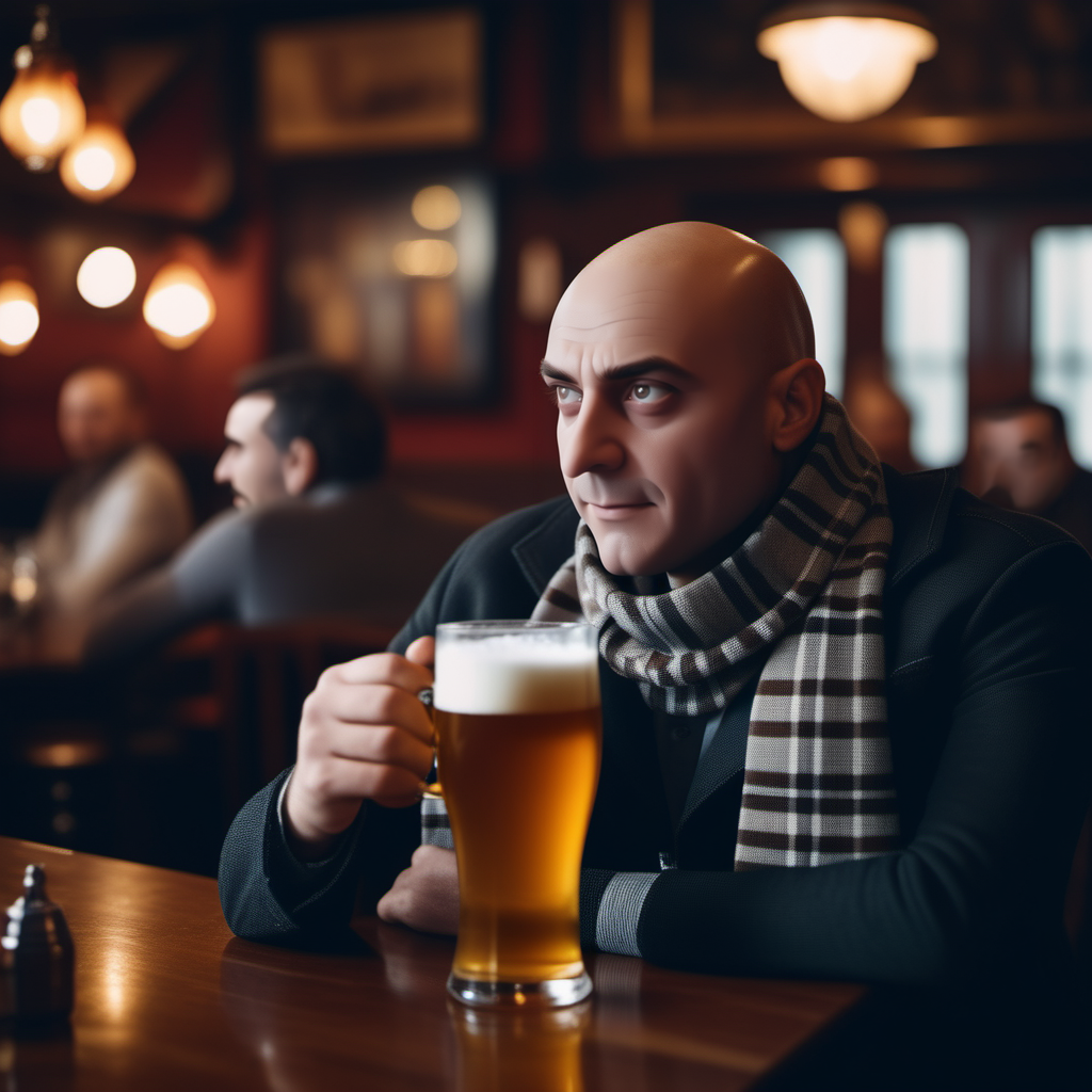 cinematic photo a bald man, scarf, having a beer in a pub  <lora:Gru1024:0.8> . 35mm photograph, film, bokeh, professional, 4k, highly detailed