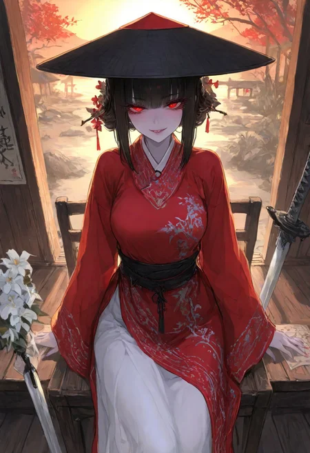 masterpiece, best quality, Good quality, very aesthetic, absurdres, newest,1girl, light rays, looking at viewer, solo, 
Cinematic Lighting, gradient color,
BREAK
masterpiece, amazing quality, best quality, ultra-detailed, 8K, illustration, CG, ultra-detailed-eyes, detailed background, eyelashes, erotic, looking seductive, coy. dynamic action image, detailed face, detailed eyes, direct mesmerizing gaze, shinny texture,
BREAK
Dhampir, vampire, sword, hat, black and red clothing, 
BREAK
(aodai, white aodai, (vietnamese traditional costume,)), elegant, sitting, wood chair, flower, white Tuberose, sunset, lens flare, (Vietnam clothes, Vietnam style)