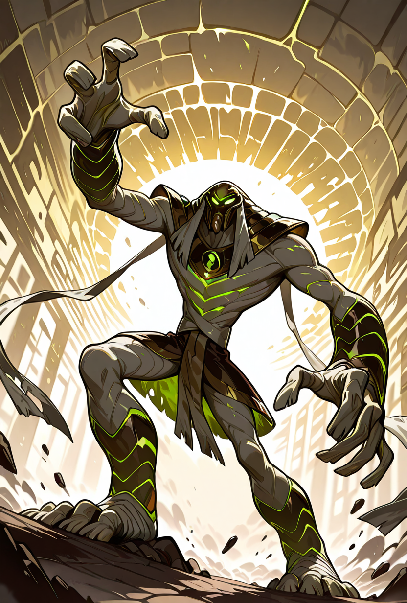<lora:snareoh-07:1> snareoh, solo, male focus, no humans, 1boy, glowing eyes, green eyes, brown helmet, monster, mask, egyptian clothes,mummy bandages, mummy, massive hands,  Cartoon, dynamic pose,, masterpiece, best quality, amazing quality, very aesthetic, absurdres, newest,