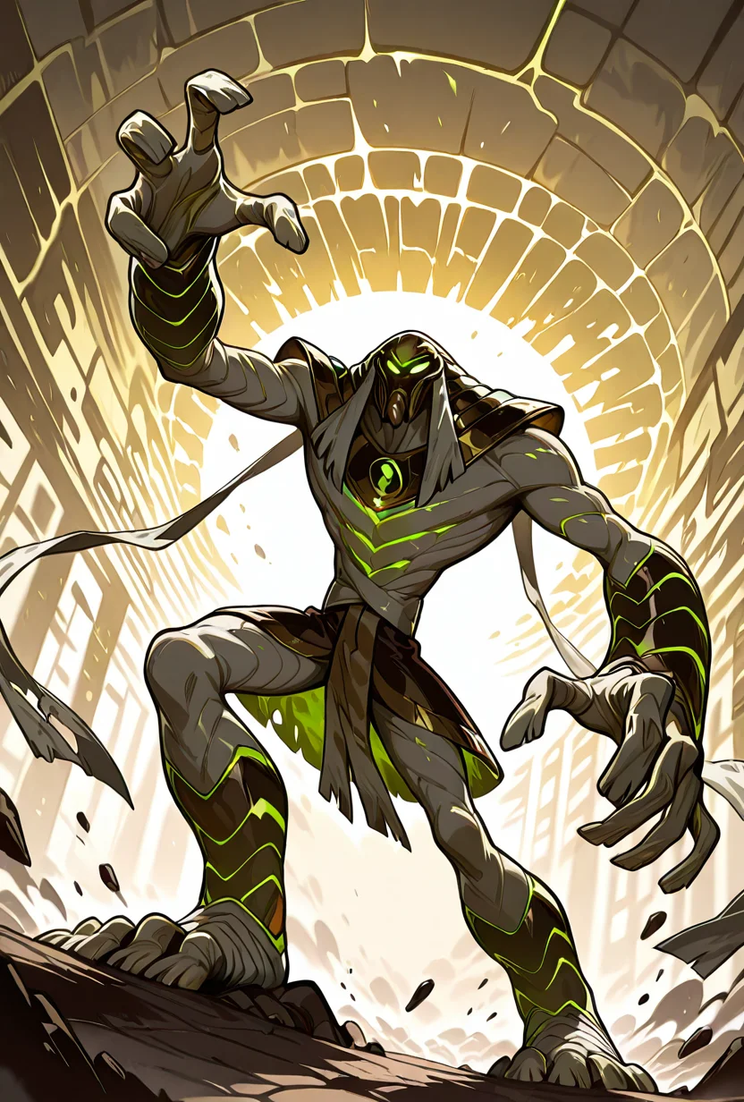 <lora:snareoh-07:1> snareoh, solo, male focus, no humans, 1boy, glowing eyes, green eyes, brown helmet, monster, mask, egyptian clothes,mummy bandages, mummy, massive hands, Cartoon, dynamic pose,, masterpiece, best quality, amazing quality, very aesthetic, absurdres, newest,