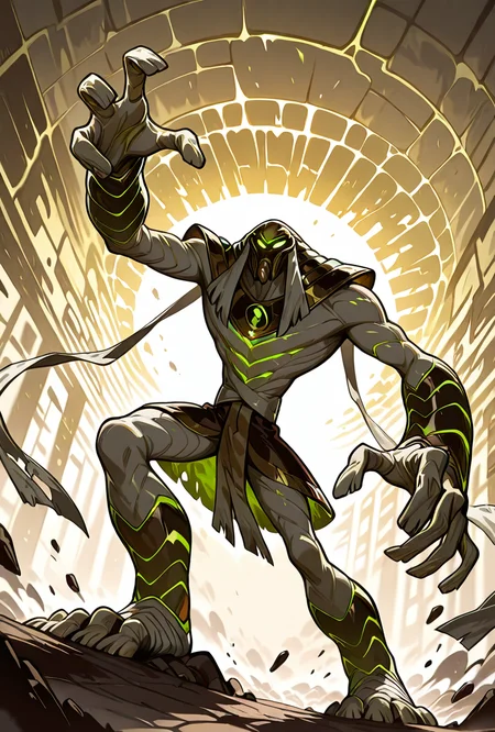 <lora:snareoh-07:1> snareoh, solo, male focus, no humans, 1boy, glowing eyes, green eyes, brown helmet, monster, mask, egyptian clothes,mummy bandages, mummy, massive hands,  Cartoon, dynamic pose,, masterpiece, best quality, amazing quality, very aesthetic, absurdres, newest,