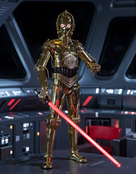 realistic photo of c3po robot holding a lighsaber standing on the be bridge of a star destroyer, sharp focus, highly detailed, photoshoot, cinematic, star wars style, <lora:C3PO:1> <lora:Imperial_Star_Destroyer_Main_Bridge_Flux:1>