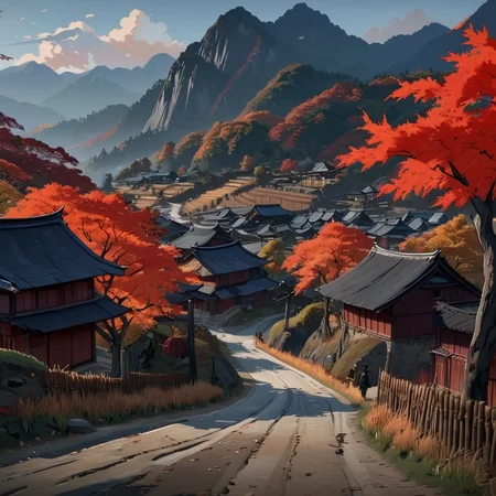 masterpiece, best quality, <lora:add-detail-xl:1> <lora:ArsMJStyleSDXL_-_AnimeC:1> A tranquil autumn scene in a remote mountain village. Maple trees in brilliant shades of red and gold surround traditional thatched-roof houses. A lone ronin, weary from travel, approaches the village gate. In the distance, a group of farmers harvest rice in terraced paddies.
