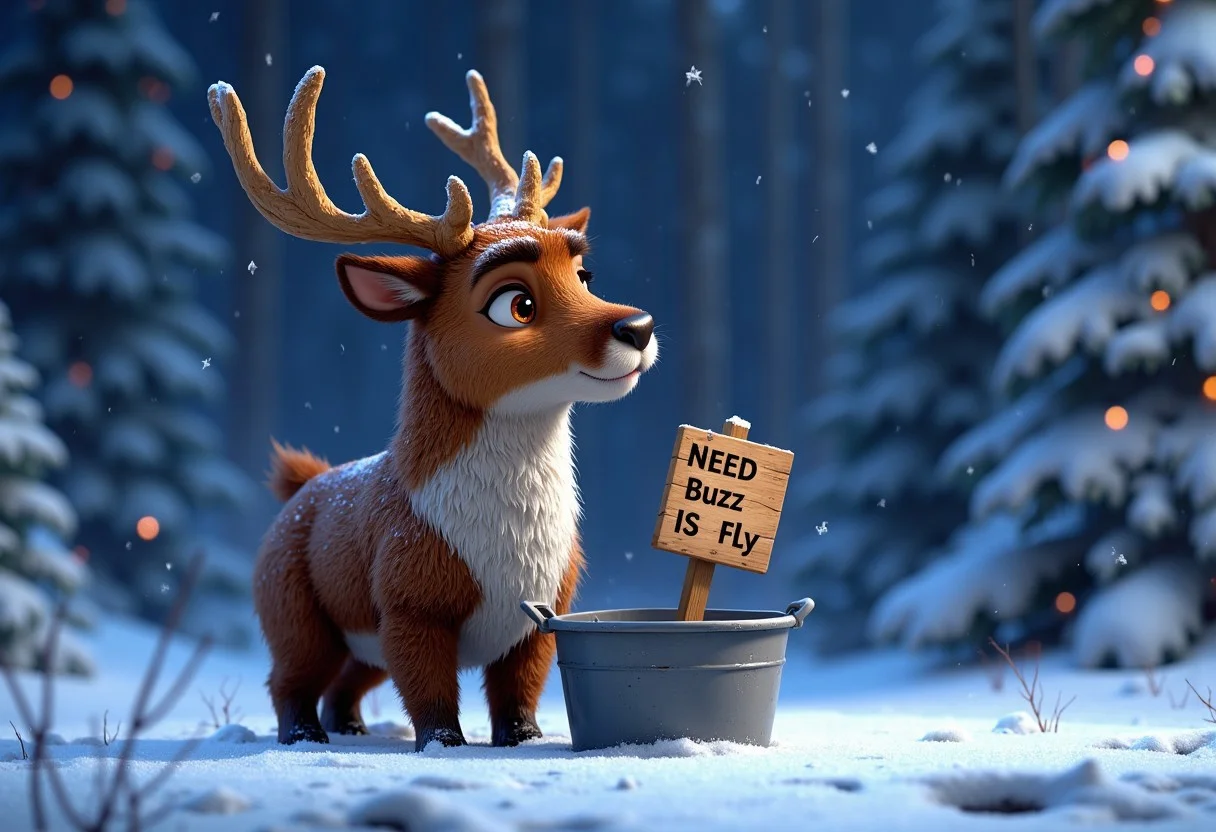 score_9, score_8_up, score_7_up,
ad reindeer, ((sad)), ((begging)), ((reindeer is begging)), ((reindeer is sad)), (((empty grey bucket))), ((Sign that says "Need buzz to fly")), pixar style, tears in eyes, blizzard, buzz highly detailed, aesthetic, great lighting, extremely detailed, award winning, perfect composition, a rich and complex image of nature, a vibrant tissue of hues and textures captured digitally, best quality, realistic, captivating, intricately detailed, hyper detailed, maximalist style, photorealistic, sharp focus, dynamic lighting, superb composition, finest details, highest aesthetics, best quality, sharp focus, high contrast, stylized, clear, colorful, ultra quality, 8k, best quality, masterpiece,midjourneyv6.1 no humans, animal focus, looking at viewer, animal, mythp0rt