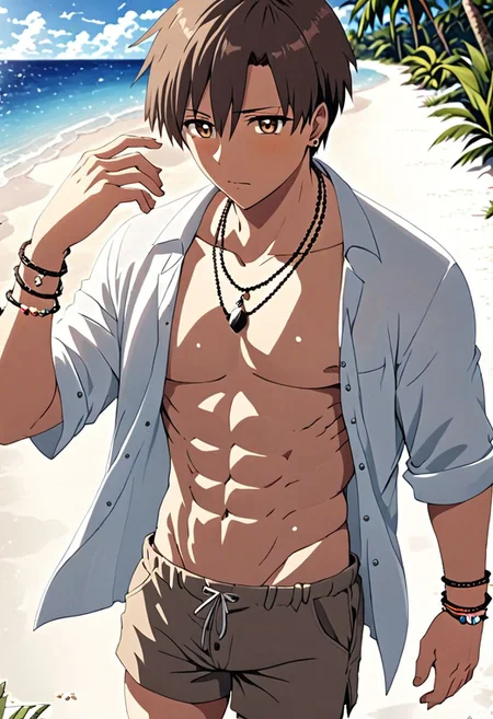 high resolution, solo, best quality, 1Boy, Takaki Toono, Brownish Hair, Brown Eyes, shallow depth of field, beach, open shirt, shorts, sixpack, necklace, bracelet, coconut tree, OverallDetail