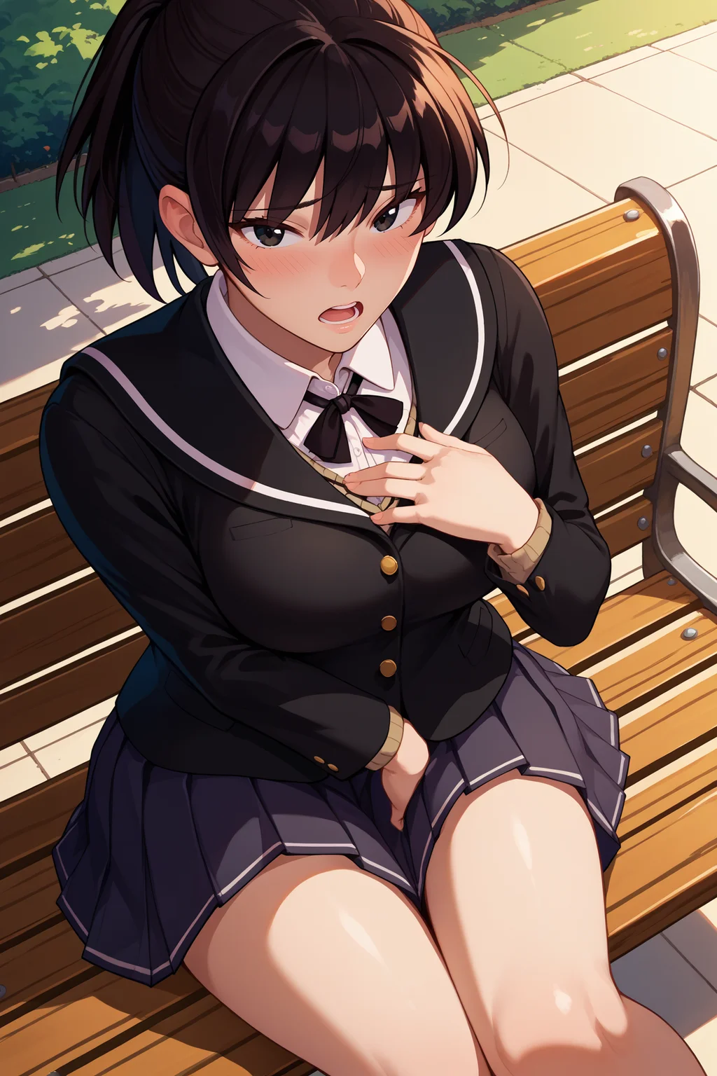 score_9, score_8_up, score_7_up, score_6_up, source_anime, 1girl, solo, <lora:tsukaharahibiki-pdxl-nvwls-v1-000005:1> amagamiHT, black hair, ponytail, black eyes, black blazer, black sailor collar, collared shirt, neck ribbon, dark grey skirt, pleated skirt, big breasts, sitting, from above, looking at you, open mouth, blush, embarrassed, hand on own chest, bench, park, sunset