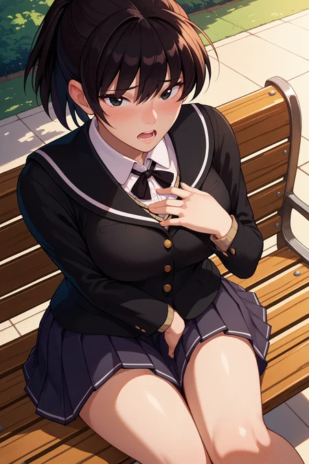 score_9, score_8_up, score_7_up, score_6_up, source_anime, 1girl, solo, <lora:tsukaharahibiki-pdxl-nvwls-v1-000005:1> amagamiHT, black hair, ponytail, black eyes, black blazer, black sailor collar, collared shirt, neck ribbon, dark grey skirt, pleated skirt, big breasts, sitting, from above, looking at you, open mouth, blush, embarrassed, hand on own chest, bench, park, sunset