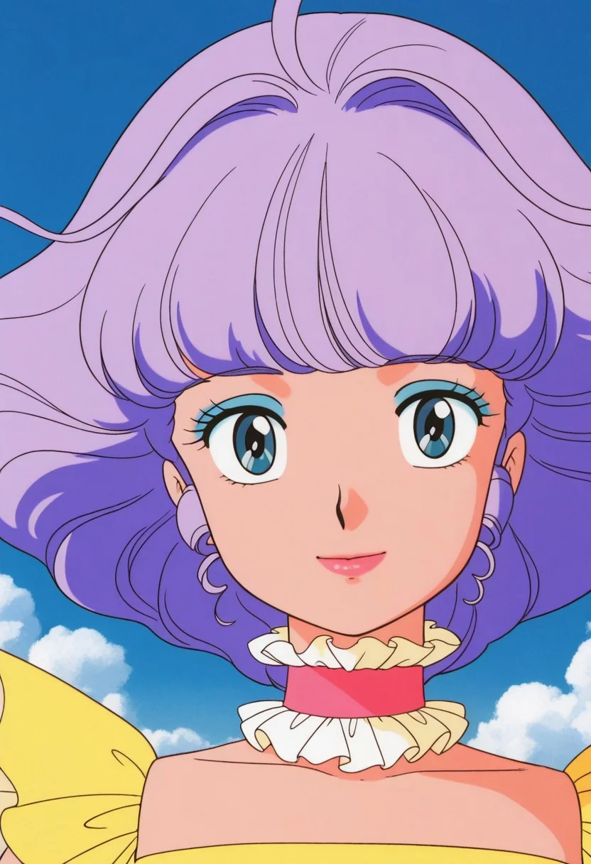 masterpiece, best quality, source_anime,official art,perfect_anatomy,1990s_\(style\),retro_artstyle,creamy mami,1girl,purple hair,short hair,makeup,lips,choker
frilled dress,yellow leotard,(looking_at_viewer,smile),portrait,close to viewer,day,blue_sky,cloud