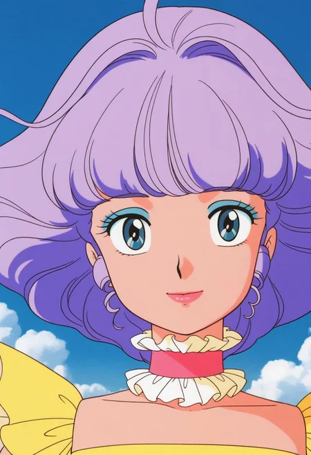 masterpiece, best quality, source_anime,official art,perfect_anatomy,1990s_\(style\),retro_artstyle,creamy mami,1girl,purple hair,short hair,makeup,lips,choker
frilled dress,yellow leotard,(looking_at_viewer,smile),portrait,close to viewer,day,blue_sky,cloud