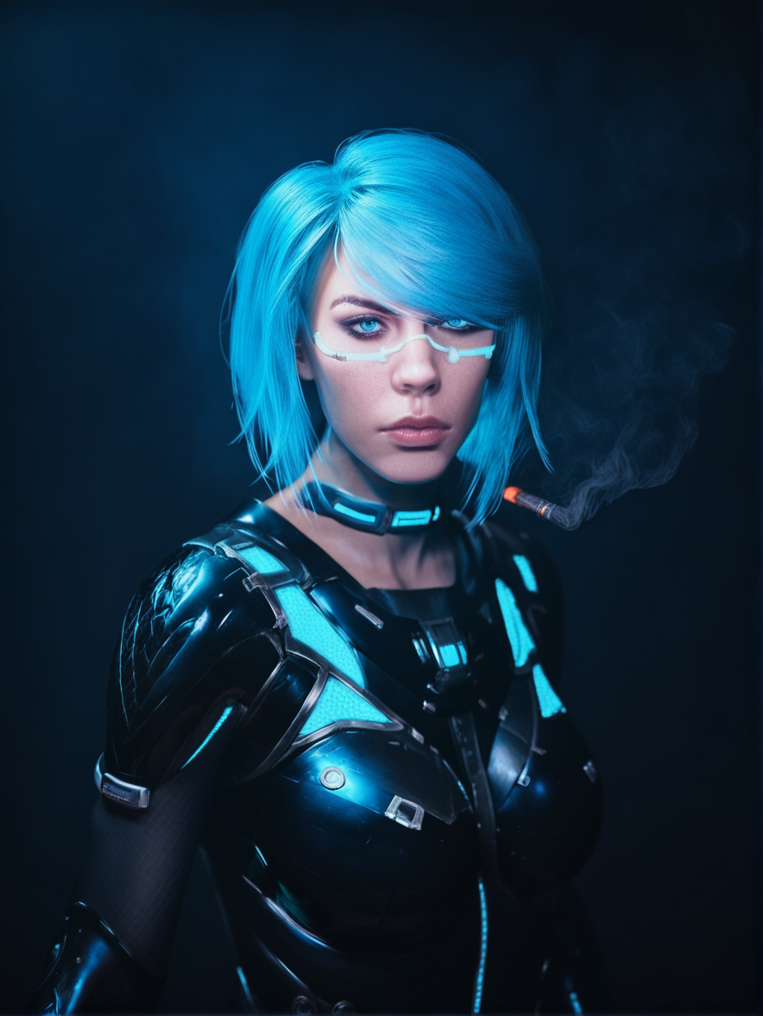 <lora:43stl1ght1ngXLP2:0.8> 43stl1ght1ng, low light, dramatic lighting, darkness, eye lighting, smoke, neon, score_9, score_8_up, score_7_up, 1girl, <lora:Quake_Champions_Nyx_Pony:0.8> nyxponyv1, 1girl, blue hair, blue eyes, short hair, swept bangs, gorgeous woman, breasts, medium breasts, detailed, intricate details, sci-fi bar, sci-fi interior, futuristic nightclub,
