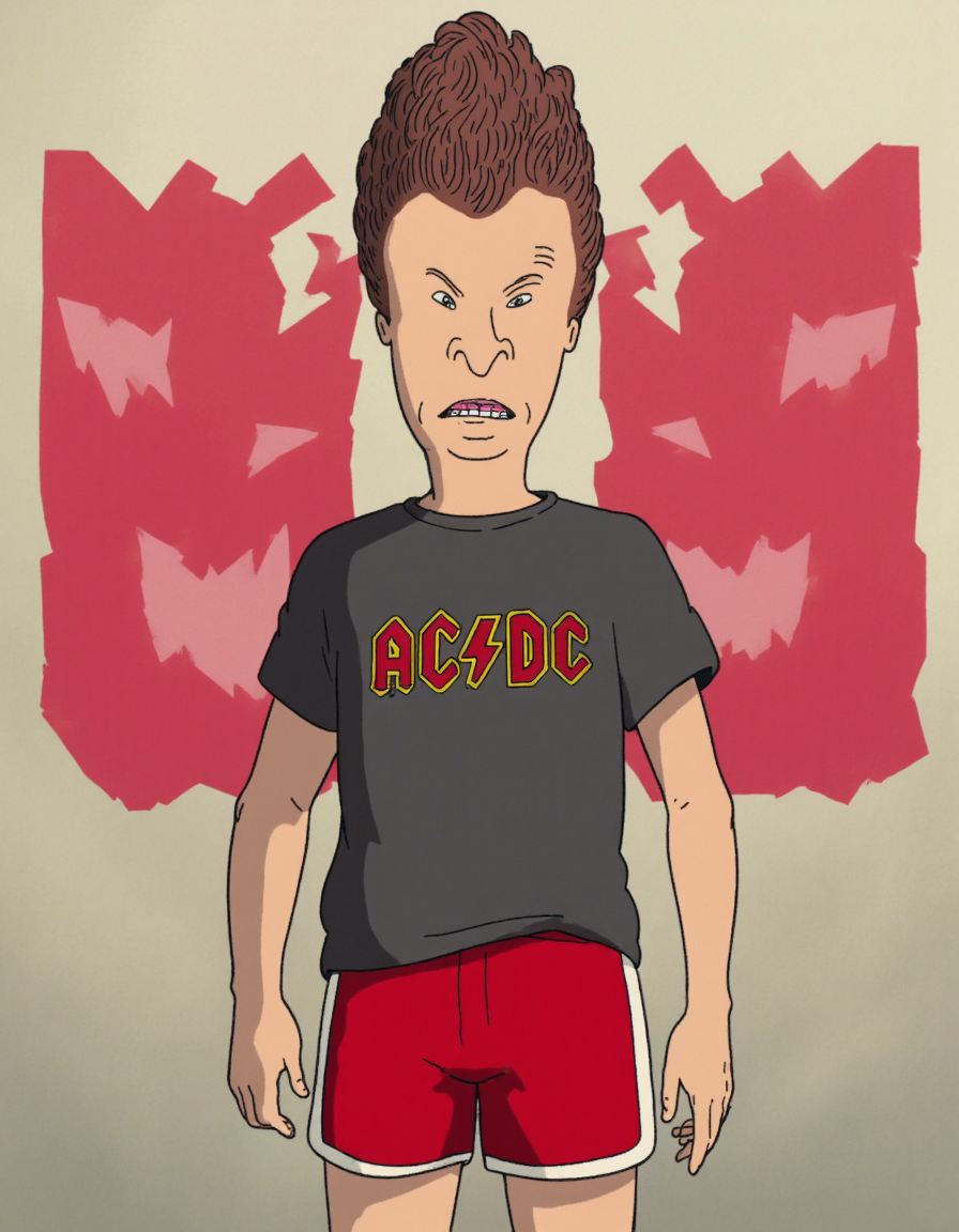 2d artstyle, Butthead character wearing AC/DC shirt, red shorts, (depicted as anime style villian)  <lora:Butt-head_Flux:1> <lora:Studio_Ghibli_Flux:1> ghiblistyle