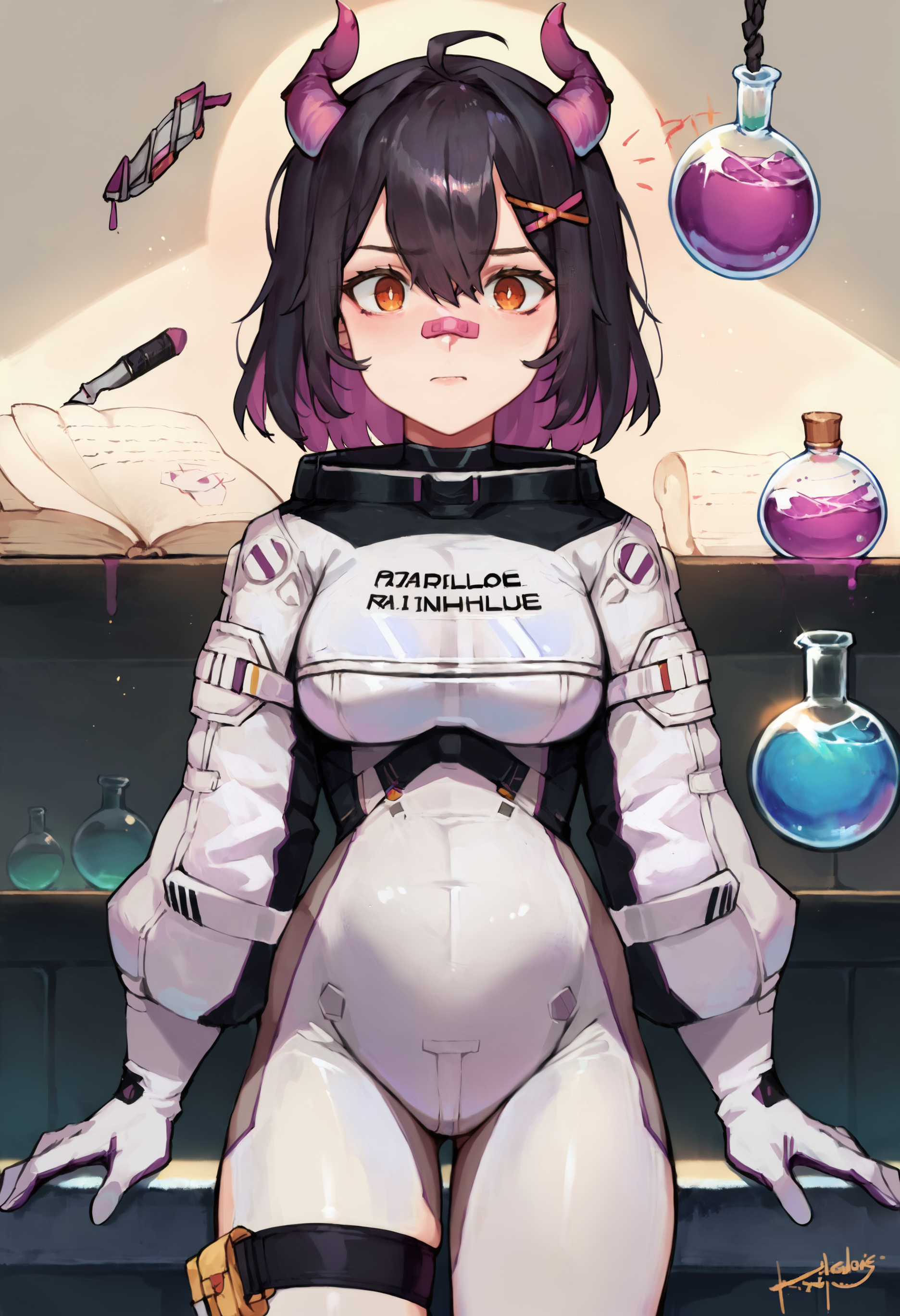 score_9, score_8_up, score_7_up, uncensored, source_anime, 1girl,  <lora:sprainhoeXLPony-000006:1> rainhoespc, black hair, demon horns, x hair ornament, bandaid on nose, hairclip, white bodysuit, spacesuit, white gloves, thigh strap, upper body, artist name, potion, scroll, worried