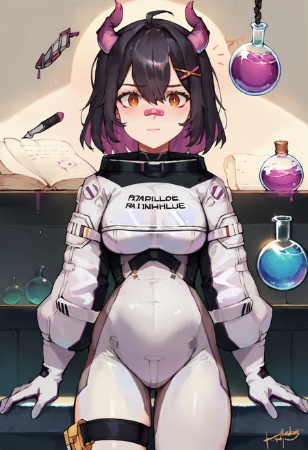score_9, score_8_up, score_7_up, uncensored, source_anime, 1girl, <lora:sprainhoeXLPony-000006:1> rainhoespc, black hair, demon horns, x hair ornament, bandaid on nose, hairclip, white bodysuit, spacesuit, white gloves, thigh strap, upper body, artist name, potion, scroll, worried