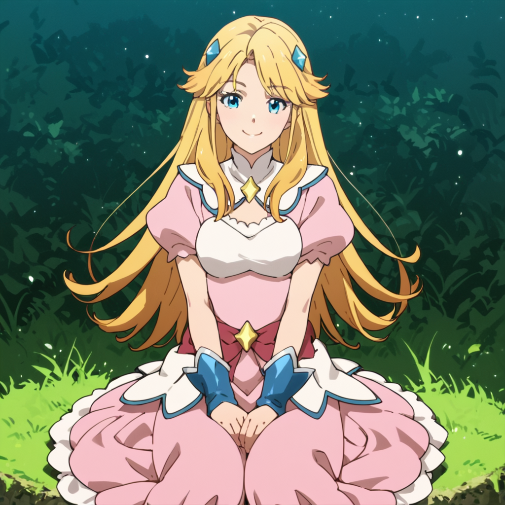 score_9, score_8_up, score_7_up, score_6_up, score_5_up, score_4_up, source_anime,  Charlotte, long hair, blonde hair, blue eyes, magical girl, pink dress,  smile, sitting