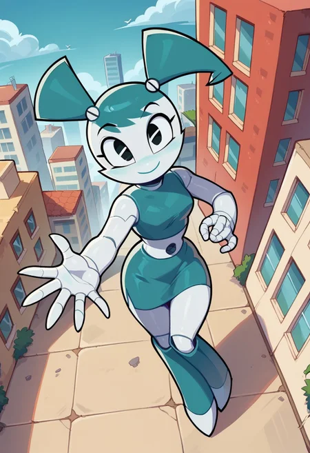score_9, score_8_up, score_7_up, 1girl, solo, Jenny, white skin, joints, android, blue crop top, skirt, smile, closed mouth, detailed background, outdoors, urban, modern, flying through the air, action pose, one arm extended, sword hand, rocket boots, flames from shoes, from above, city from above, birds eye view