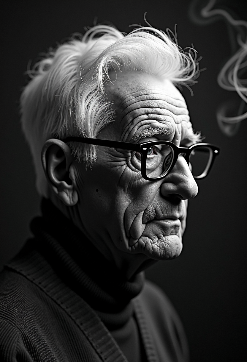 A highly detailed, black-and-white, silhouette, closeup, professional photo portrait of a old man with wrinkles and white hair. He has tanned skin and sad eyes framed by big glasses. His hair is short and white. He wears an elegant sweater. The background is pitch black, with smoke behind the woman, creating a dramatic contrast with hia tanned skin and white hair, drawing the viewerâs focus entirely onto her. The lighting, hitting only one side of his face, is hard in chiaroscuro style, giving depth to her features and an air of mystery. The overall style blends gothic and fantasy influences, with a strong emphasis on realism and a refined sense of elegance and enigma.