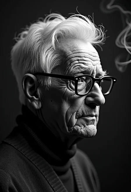A highly detailed, black-and-white, silhouette, closeup, professional photo portrait of a old man with wrinkles and white hair. He has tanned skin and sad eyes framed by big glasses. His hair is short and white. He wears an elegant sweater. The background is pitch black, with smoke behind the woman, creating a dramatic contrast with hia tanned skin and white hair, drawing the viewerâs focus entirely onto her. The lighting, hitting only one side of his face, is hard in chiaroscuro style, giving depth to her features and an air of mystery. The overall style blends gothic and fantasy influences, with a strong emphasis on realism and a refined sense of elegance and enigma.