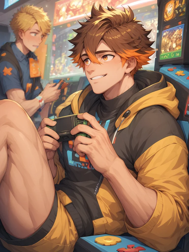 score_9,score_8_up, ad-caio,brown hair,orange eyes, orange hair, two-tone hair,hair between eyes,male focus,<lora:AIDudes-CaioMerge5:0.8>,<lora:xl_more_art-full_v1:0.5>,<lora:add-detail-xl:1>, happy, arcade, yellow hoodie,looking away,playing games, from side,muscular,âââ