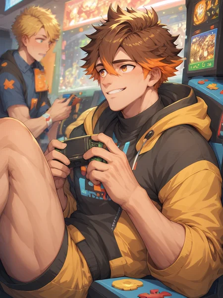 score_9,score_8_up, ad-caio,brown hair,orange eyes, orange hair, two-tone hair,hair between eyes,male focus,<lora:AIDudes-CaioMerge5:0.8>,<lora:xl_more_art-full_v1:0.5>,<lora:add-detail-xl:1>, happy, arcade, yellow hoodie,looking away,playing games, from side,muscular,âââ