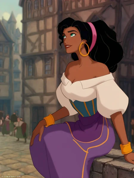 score_9, score_8_up, score_7_up, score_6_up, score_5_up, score_4_up, sitting on sidewalk, in medieval city, next to building, looking up at the blue sky, smiling <lora:Disneys_Esmeralda_PonyXL:0.85> esmeralda, woman, dark skinned, lipstick, green eyes, earring, bracelet, casual outfit, hair ribbon, from side