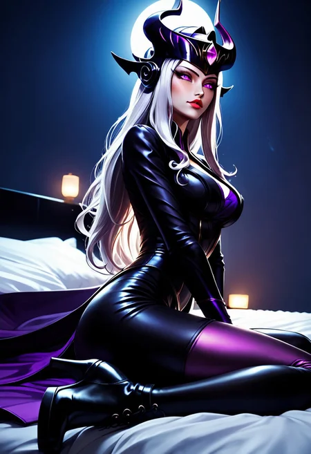 score_9, score_8_up, score_8_up, 1 perfect girl, long white hair, Syndra dress, tight dress, photoshoot, bend over the viewer, modern room, pale skin, on a fluffy modern purple bed, laced high boots, black leather boots,((teasing look)), perfect detailed skin, arching back, slim body, narrow waists, beautiful, studio lighting, negative_hand, moonlight, sun rising, glowing white hair, glowing tattoos, laying on her side, arched, from below view, closeup, 4k, ultra detailed skin texture, syndra league of legends, full_body, (((Syndra))), League of Legends, curvy, view on girl, ((best pose)), purple eyes, ((perfect body)), high quality, full-face blush